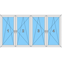021 Fenster vierflügelig, alle Flügel dreh-kippbar mit drei Pfosten