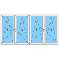 021 Fenster vierflügelig, alle Flügel dreh-kippbar mit drei Pfosten